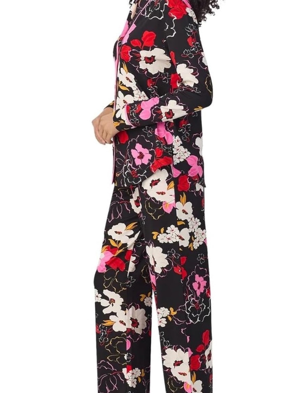 Black Floral Wide-Leg Pajama Set with Pink & Red Accents - Picture 3 of 4